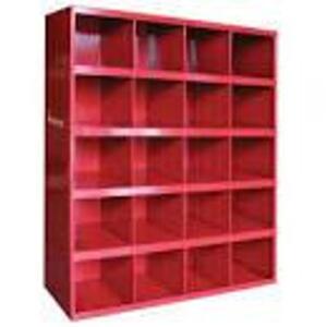 DESCRIPTION: (1) 20-HOLE STEEL BIN CABINET INFORMATION: RED RETAIL$: $321.93 SIZE: APPROX 33-7/8" x 12" x 42" QTY: 1