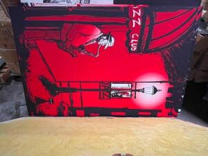 DESCRIPTION: 72" X 48" ACOUSTICAL SOUND PANEL W/ CUSTOM FABRIC COVERING. SAX PLAYER RED ADDITIONAL INFORMATION CUSTOM MADE. COST $900 PER PANEL SIZE 7