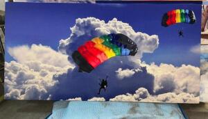 DESCRIPTION: 96" X 48" ACOUSTICAL SOUND PANEL W/ CUSTOM FABRIC COVERING. PARAGLIDERS ADDITIONAL INFORMATION CUSTOM MADE. COST $1200 PER PANEL SIZE 96"