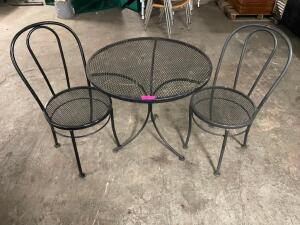 DESCRIPTION: 0" WROUGHT IRON PATIO TABLE W/ (2) CHAIRS SIZE 30" ROUND LOCATION: BAY 6 THIS LOT IS: ONE MONEY QTY: 1