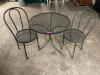 DESCRIPTION: 0" WROUGHT IRON PATIO TABLE W/ (2) CHAIRS SIZE 30" ROUND LOCATION: BAY 6 THIS LOT IS: ONE MONEY QTY: 1 - 3