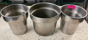 DESCRIPTION: (2) 7" ROUND AND (1) 9" ROUND STAINLESS CROCK INSERTS SIZE 9" AND 7" LOCATION: BAY 6 THIS LOT IS: SOLD BY THE PIECE QTY: 3