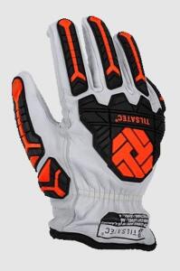 DESCRIPTION (4) TILSATEC KNUCKLEGUARD LEATHER GLOVES BRAND/MODEL TTP230KG9 ADDITIONAL INFORMATION WHITE, BLACK & ORANGE/RETAILS AT $25.00 EACH SIZE XL