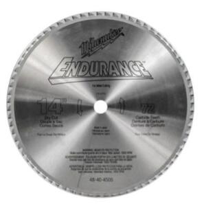 DESCRIPTION (1) MILWAUKEE CIRCULAR SAW BLADE BRAND/MODEL 48-40-4505 ADDITIONAL INFORMATION CARBIDE/RETAILS AT $181.23 SIZE 14"DISC DIA THIS LOT IS ONE