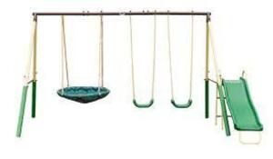 DESCRIPTION: (1) RECREATION SUPER DISC SWING SET BRAND/MODEL: SUPER DISC #94013 INFORMATION: BEIGE, GREEN & BROWN/WEIGHT LIMIT: 100 LBS RETAIL$: $155.