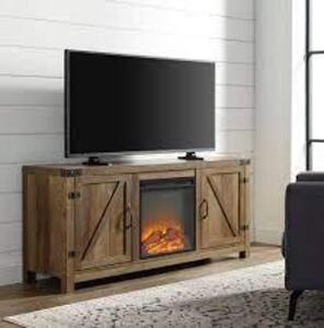 DESCRIPTION: (1) BARN DOOR FIREPLACE TV STAND BRAND/MODEL: WALKER EDISON #W58FPBDRO INFORMATION: RUSTIC OAK RETAIL$: $306.33 EA SIZE: 58" QTY: 1