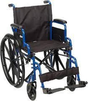 DESCRIPTION: (1) WHEELCHAIR WITH FLIP BACK DESK ARMS BRAND/MODEL: DRIVE MEDICAL INFORMATION: BLACK AND BLUE RETAIL$: $160.00 EA SIZE: 18" ARMS QTY: 1