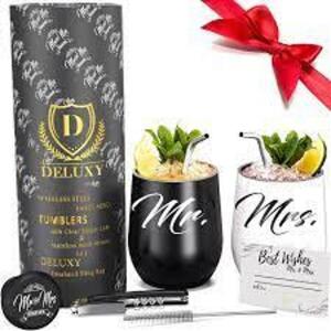 DESCRIPTION: (1) MR. AND MRS. WINE TUMBLERS BRAND/MODEL: DELUXY INFORMATION: BLACK AND WHITE RETAIL$: $34.99 TOTAL SIZE: STAINLESS STEEL QTY: 1