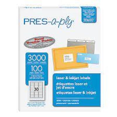 DESCRIPTION: (9) PACKS OF (100) SHEETS OF LASER PRINTER LABELS BRAND/MODEL: PRES A PLY #30600 INFORMATION: WHITE RETAIL$: $7.00 EA SIZE: 1X2-5/8 QTY: