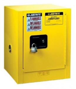 DESCRIPTION (1) JUSTRITE COUNTERTOP FLAMMABLE SAFETY CABINET BRAND/MODEL 890420 ADDITIONAL INFORMATION YELLOW/CAPACITY: 4 GALS/SELF-CLOSE DOOR/RETAILS