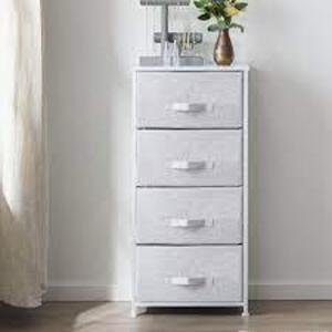 DESCRIPTION: (1) 4 DRAWER FABRIC STORAGE CHEST BRAND/MODEL: REST HAVEN #RH0002DR418WG INFORMATION: WHITE/GRAY RETAIL$: $45.00 EA SIZE: 18 x 12 x 38" Q