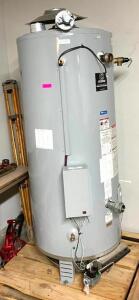 DESCRIPTION: STATE 100-GALLON COMMERCIAL NATURAL GAS WATER HEATER (MINOR DAMAGE ON SIDE OF UNIT, SEE PHOTOS) BRAND/MODEL: STATE INDUSTRIES INFORMATION