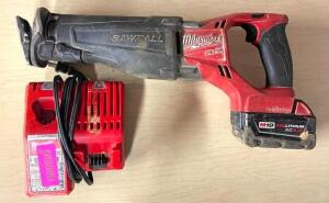 DESCRIPTION: MILWAUKEE 18V CORDLESS SAWZALL RECIPROCATING SAW BRAND/MODEL: MILWAUKEE INFORMATION: BATTERY AND CHARGER INCLUDED LOCATION: SHOWROOM 2 QT