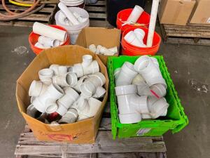 DESCRIPTION: PALLET AND CONTENTS - ASSORTMENT OF PVC PIPE FITTINGS. LOCATION: WAREHOUSE QTY: 1