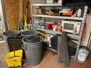 SHELF AND CONTENTS - LARGE LOT OF ASSORTED CLEANING SUPPLIES AND MISC.