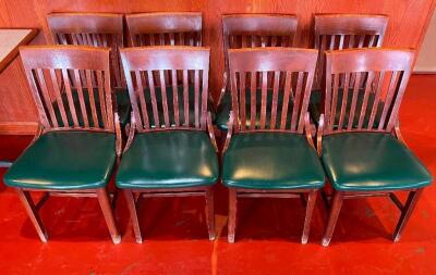 (16) BAR BACK WOODEN CHAIRS W/ GREEN PADDED SEATS
