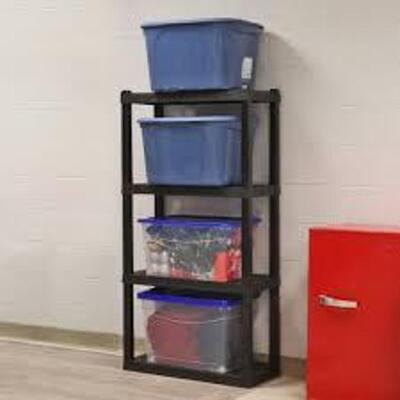 DESCRIPTION: (1) 4-SHELF STORAGE RACK BRAND/MODEL: OSKAR INFORMATION: BLACK RETAIL$: $56.99 EA SIZE: 56� (142.2 CM) H X 30� (76.2 CM) W X 14� (35.6 CM