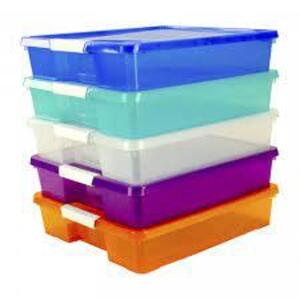 DESCRIPTION: (5) STACK AND STORE BOXES BRAND/MODEL: STOREX INFORMATION: ASSORTED COLORS RETAIL$: $60.00 TOTAL SIZE: 12X12 QTY: 5