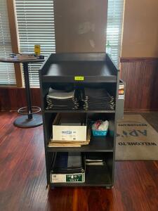 NAME: 4 FT. HOSTESS STAND DESCRIPTION: 4 FT. HOSTESS STAND ADDITIONAL INFORMATION: CONTENTS NOT INCLUDED SIZE: 4' X 23" X 24" LOCATION: DINING AREA TH