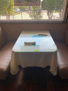NAME: 41.5" DINING TABLE WITH GLASS PANEL TOP DESCRIPTION: 41.5" DINING TABLE WITH GLASS PANEL TOP ADDITIONAL INFORMATION: TABLE CLOTH NOT INCLUDED. C