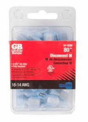 DESCRIPTION: (8) PACKS OF (80) FULLY INSULATED TAB DISCONNECT, FEMALE BRAND/MODEL: GARDNER BENDER INFORMATION: BLUE RETAIL$: $16.35 PER PACK SIZE: 16-