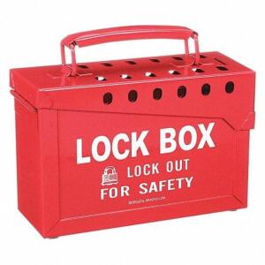 DESCRIPTION: (1) GROUP LOCKOUT BOX BRAND/MODEL: BRADY #5TA77 INFORMATION: RED RETAIL$: $110.42 EA SIZE: 13 PADLOCKS, RED, STEEL BOX, 6 IN HT, 7 3/8 IN