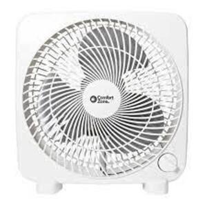 DESCRIPTION: (1) BOX FAN BRAND/MODEL: COMFORT ZONE #123957 INFORMATION: WHITE RETAIL$: $13.79 EA SIZE: 9IN QTY: 1