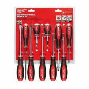 DESCRIPTION: (1) SCREWDRIVER SET WITH HIGH LEVERAGE HANDLE AND MAGNETIC TIP BRAND/MODEL: MILWAUKEE #48-22-2710 INFORMATION: RED RETAIL$: $60.97 AE SIZ