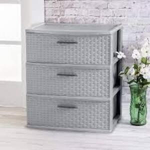 DESCRIPTION: (1) 3 DRAWER STORAGE TOWER BRAND/MODEL: STERILITE WEAVE INFORMATION: GREY RETAIL$: $40.00 EA SIZE: 15X24 QTY: 1