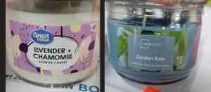 DESCRIPTION: (2) CANDLES INFORMATION: LAVENDER AND CHAMOMILE AND THE OTHER IS GARDEN RAIN RETAIL$: $6.00 EA QTY: 2