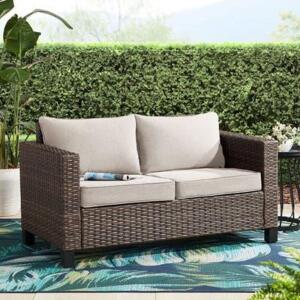 DESCRIPTION: (1) LOVESEAT BRAND/MODEL: BETTER HOMES AND GARDENS, BROOKBURY INFORMATION: BEIGE RETAIL$: $269.00 EA QTY: 1