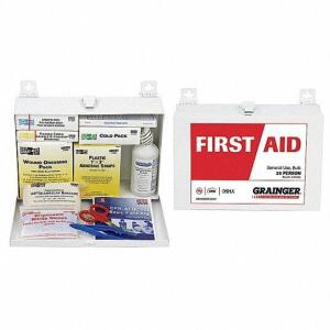 DESCRIPTION: (2) FIRST AID KITS BRAND/MODEL: GRAINGER #49H363 INFORMATION: WHITE RETAIL$: $68.32 EA SIZE: SERVES 25 PEOPLE QTY: 2