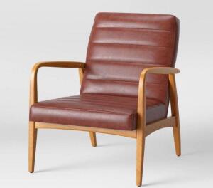 DESCRIPTION: (2) TUFTED FAUX LEATHER WOOD ARMCHAIR RETAIL$: $280/EA SIZE: 34 1/2" X 28" X 34" QTY: 2