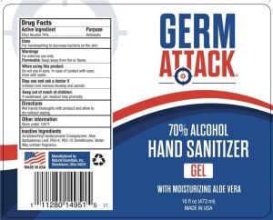 DESCRIPTION: (6) HAND SANITIZER BRAND/MODEL: GERM ATTACK RETAIL$: $13.25 EA SIZE: 16 FL OZ QTY: 6