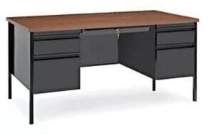 DESCRIPTION: (1) OFFICE DESK WITH WOOD TOP BRAND/MODEL: ULINE #H-5685BL INFORMATION: BLACK WITH WALNUT WOOD LAMINATE TOP RETAIL$: $715.00 EA SIZE: 60"