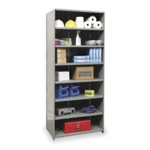 DESCRIPTION: (1) CLOSE TYPE METAL SHELVING BRAND/MODEL: HALLOWELL #5523-12HG INFORMATION: GRAY RETAIL$: $330.67 TOTAL SIZE: 12"D X 36"W X 87"H, STEEL