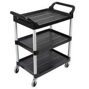 DESCRIPTION: (1) DUAL-HANDLE UTILITY CART WITH LIPPED PLASTIC SHELVES BRAND/MODEL: RUBBERMAID #4YX40 INFORMATION: BLACK RETAIL$: $368.27 EA SIZE: 38"H