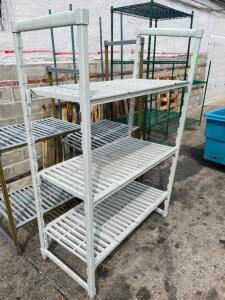 DESCRIPTION: 48" X 18" THREE TIER PLASTIC RACK. SIZE: 48" X 28" X 72" QTY: 1