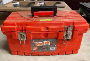 TOOL BOX WITH ASSORTED PLUMBING PARTS AS SHOWN
