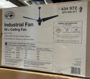 DESCRIPTION: HAMPTON BAY 60" INDUSTRIAL CEILING FAN - NEW IN THE BOX BRAND / MODEL: HAMPTON BAY 434 972 ADDITIONAL INFORMATION RETAILS FOR $105 LOCATI