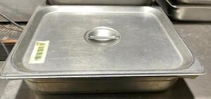 DESCRIPTION: (7) HALF SIZE STAINLESS INSERTS W/ LIDS SIZE 2" DEEP LOCATION: AREA #1 THIS LOT IS: SOLD BY THE PIECE QTY: 7