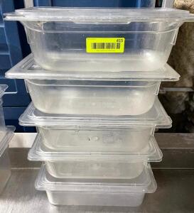 DESCRIPTION: (5) 1/5 SIZE PLASTIC INSERTS W/ LIDS SIZE 4" DEEP LOCATION: AREA #1 THIS LOT IS: SOLD BY THE PIECE QTY: 5