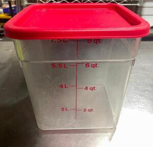 DESCRIPTION: (6) 8 QT PLASTIC CONTAINERS W/ LIDS SIZE 8 QT LOCATION: AREA #2 THIS LOT IS: SOLD BY THE PIECE QTY: 6