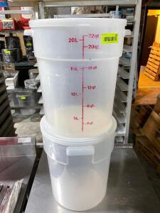 DESCRIPTION: (2) 22 QT PLASTIC CONTAINER - W/ LIDS SIZE 22 QT LOCATION: AREA #1 THIS LOT IS: SOLD BY THE PIECE QTY: 2