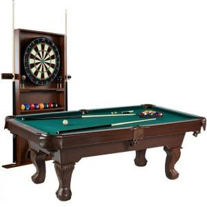 BARRINGTON 90" BALL AND CLAW LEG BILLIARD, POOL TABLE WITH CUE RACK AND DARTBOARD SET