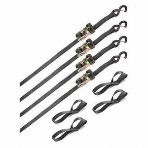 DESCRIPTION: (1) SET OF (4) RATCHET TIE DOWN STRAPSBRAND/MODEL: REESE #499H93INFORMATION: BLACKRETAIL$: $46.07 TOTALSIZE: 10'QTY: 1