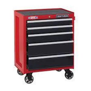 DESCRIPTION: (1) TOOL CABINET ROLLING TOOL BOX BRAND/MODEL: CRAFTSMAN #CMST22752RB INFORMATION: RED AND BLACK RETAIL$: $377.60 EA SIZE: 26", 5 DRAWER