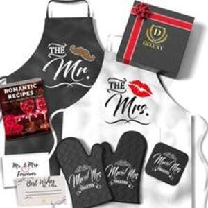 DESCRIPTION: (1) MISC BUNDLE OF NEWLY WED MR AND MRS ITEMS BRAND/MODEL: DELUXY RETAIL$: $150.00 TOTAL SIZE: APRON SET, LUGGAGE TAGS, TEA SET QTY: 1