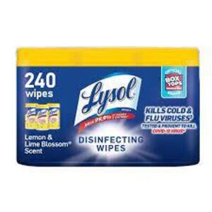 DESCRIPTION: (1) PACK OF (3) DISINFECTANT WIPES BRAND/MODEL: LYSOL RETAIL$: $20.00 EA SIZE: 240 WIPES PER CONTAINER QTY: 1