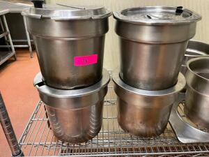 DESCRIPTION: (4) 9" STAINLESS ROUND INSERTS W/ LIDS LOCATION: KITCHEN THIS LOT IS: SOLD BY THE PIECE QTY: 4